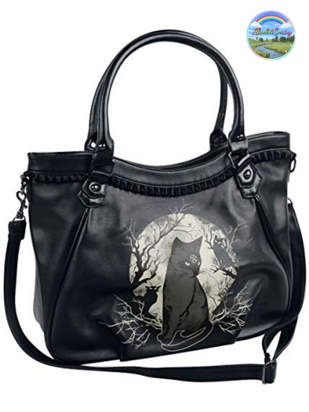 Gothic Crossbody Handbag Black Cat Full Moon Purse Detachable Strap